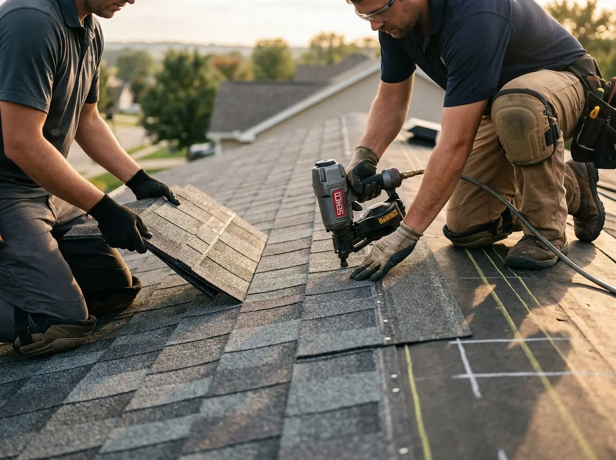 Professional roofer working on a residential roof in Wilson